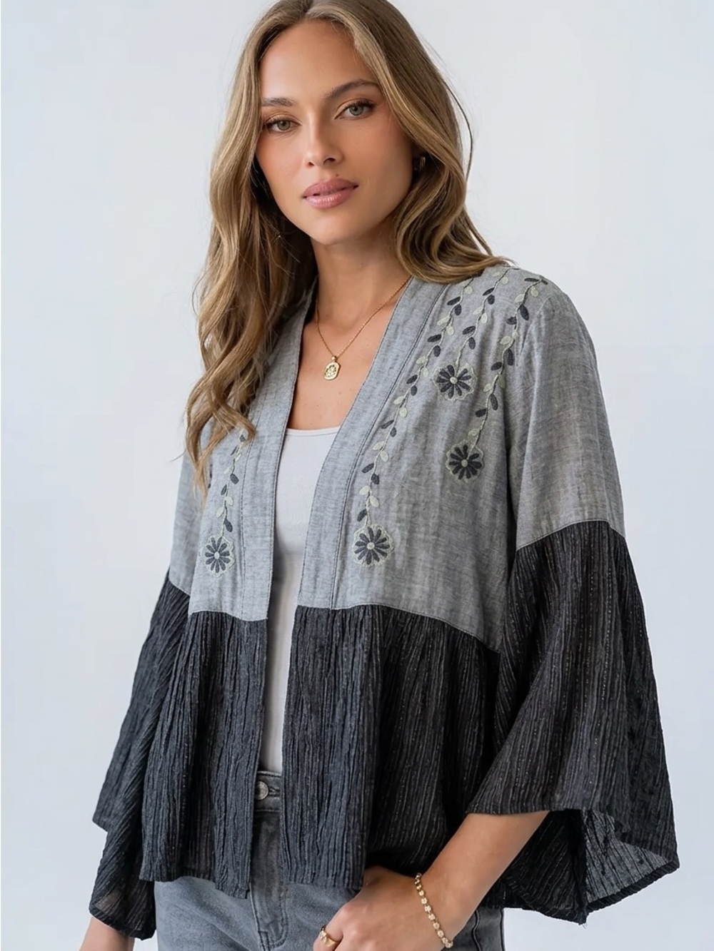 Gray Black Embroidered Open-Front Kimono